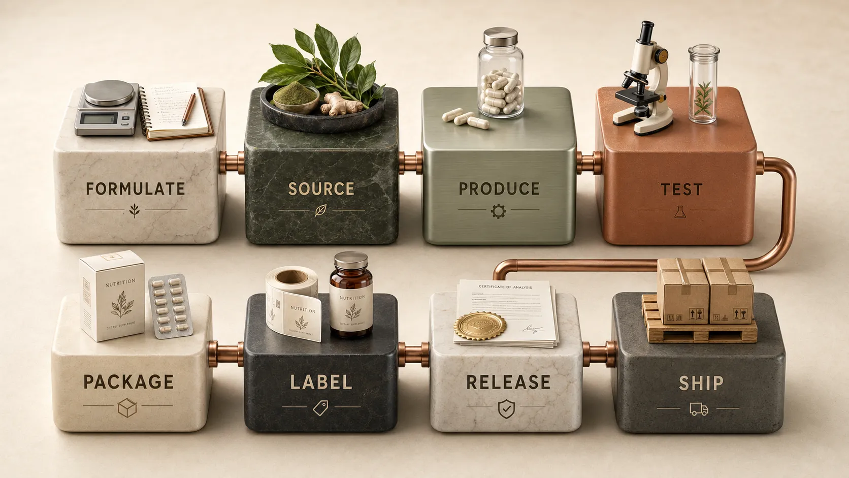 Process flow from formulation and sourcing through release and shipping